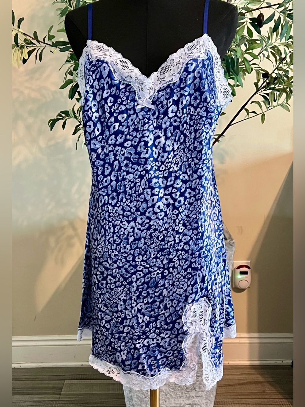 Victoria's Secret Blue & White Lace-Trim Leopard Chemise